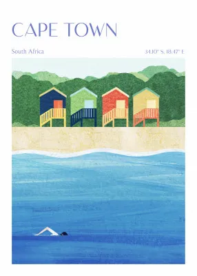 Verticale kleurrijke illustratie van Kaapstad met mensen, gebouwen, strand en oceaan in Zuid-Afrika