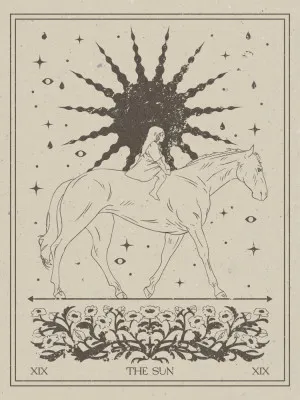 Vintage illustratie met een meisje, paarden, bloemen en zon in een landelijke omgeving