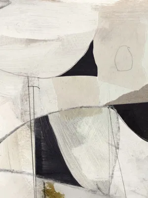 Verticale abstracte illustratie met organische vormen, neutrale beige tinten en grafische penseelstreken