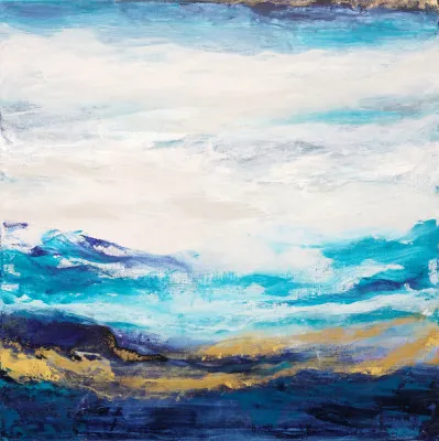 Verticale abstracte illustratie van een sereen landschap met zachte blauwe en gouden tinten en zichtbare penseelstreken