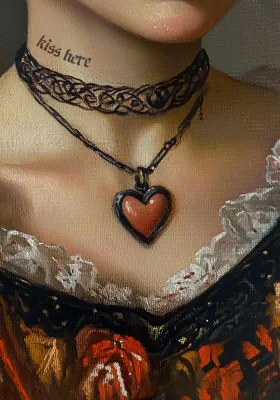 Verticale illustratie van een persoon met vintage kettingen en romantische details in warme kleuren