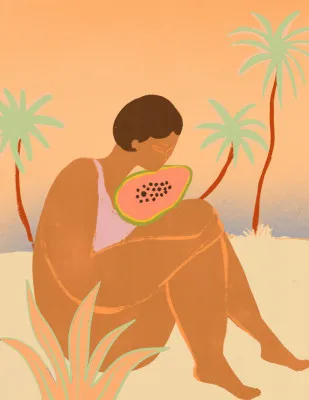 Verticale illustratie van een tropisch eiland met papaya, strand en outdoor scene in zachte kleuren