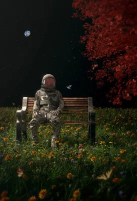 Verticale illustratie van een astronaut zittend op een bankje omringd door bloemen en vogels onder een sterrenhemel