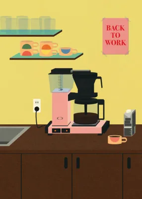 Verticale illustratie van een modern keukeninterieur met koffiemachine, filterkoffie en kleurrijke elementen