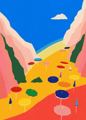 Verticale kleurrijke papierillustratie van het mediterrane strand Lido Liguria aan de Italiaanse kust