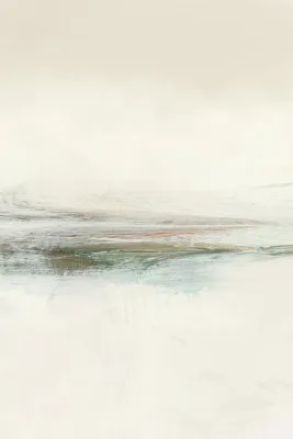 Verticale abstracte acryl illustratie van een zonsondergang aan de kust met zichtbare penseelstreken