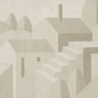 Vierkante abstracte illustratie van subtiel stadszicht met beige en wolken in neutrale tinten