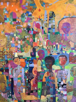 Verticale foto met kleine anonieme mensen in oranje tinten buiten met zachte penseelstreken