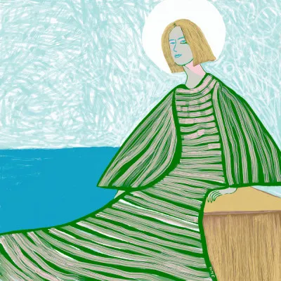 Vrouw met aureool aan zee in groen en blauw