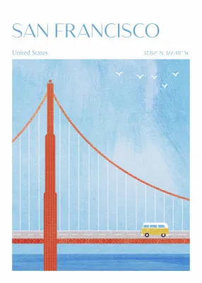 Kleurrijke illustratie van de Golden Gate Bridge in San Francisco met bus en vogels, verticale weergave