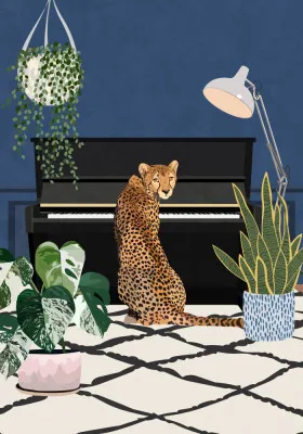 Illustratie van een cheetah die piano speelt in een kleurrijke tuin met huisplanten