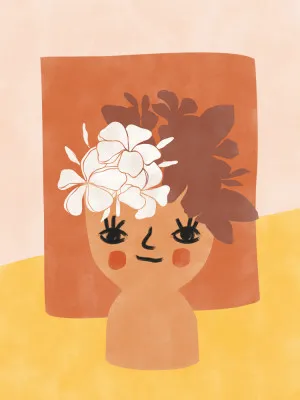 Verticaal abstract portret van een gezicht versierd met gele bloemen en sierlijke lijnen in een zachte, speelse stijl