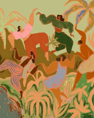 Verticale kleurrijke illustratie van dansende figuren in tropische tuin met levendige kleuren