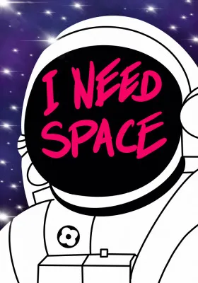 Illustratie van astronaut onder sterrenhemel met tekst 'I need spece' in verticale popart stijl