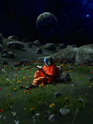 Surrealistische illustratie van een astronaut die leest onder een sterrenhemel met bloemen en de maan
