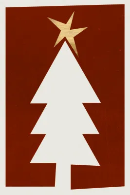 Verticale illustratie van een abstracte kerstboom in rood en goud met geometrische vormen