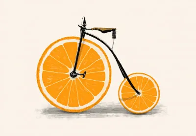Horizontale illustratie van een fiets en citrusvruchten in warme oranje en gele tinten op een lichte achtergrond