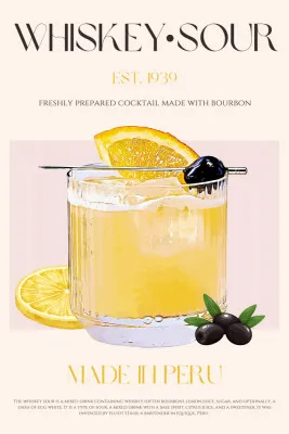 Verticale illustratie van een vintage peruvian whiskey sour cocktail met roze en oranje tinten in een buiten scène