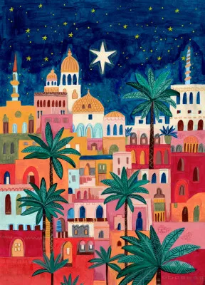 Oriental city under a starry sky in bright colours Christmas