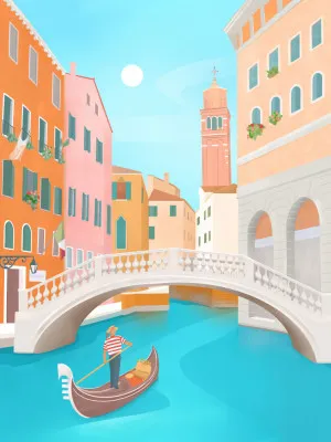 Illustratie van Venetiaanse gondels en kleurrijke gebouwen aan een zonnig kanaal