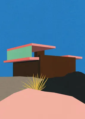 Verticale illustratie van Kaufmann Desert House in Palm Springs met kleurrijke geometrische vormen en Bauhaus architectuur