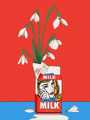 Snowdrops in Spilled Milk Carton Retro Illustration
