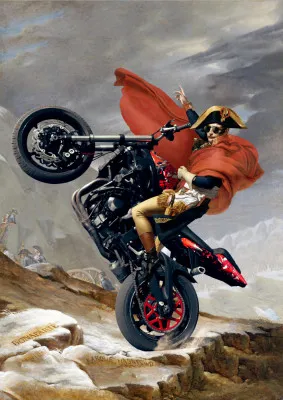 Verticale kleurrijke illustratie van mensen buiten met een vintage motor en surrealistische details