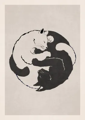 Verticale illustratie van yin en yang katten in zwart-wit, serene en moderne minimalistische kunst