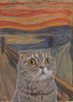 digitale collage van een kat in rode tinten, geïnspireerd door edvard munchs de schreeuw, verticaal kattenportret met humor