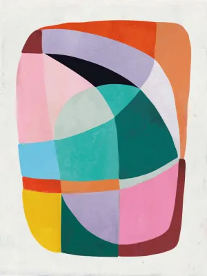 Verticale abstracte collage met pastelkleuren en geometrische vormen in blauw, roze, groen en oranje