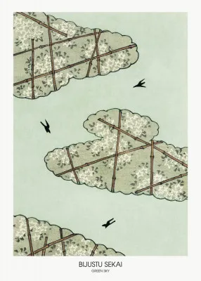 Verticale illustratie van groene lucht met vogels, wolken en een rustige tuin in Japanse ukiyo-e stijl