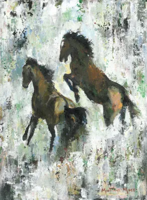 Verticale illustratie van een wilde kudde mustangs die vrij door de wildernis rennen in een impressionistische stijl