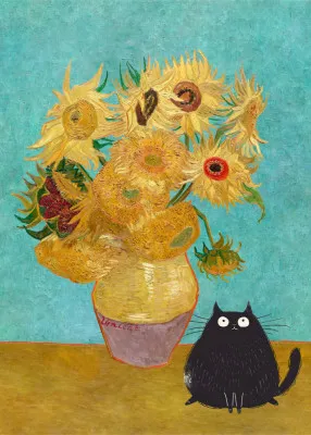 Sunflowers And Cat