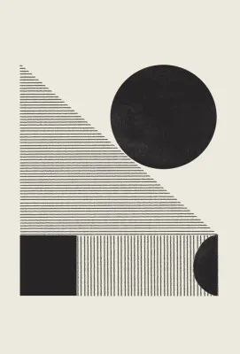 Verticale zwart-wit illustratie met geometrische cirkels en driehoeken in minimalistische stijl