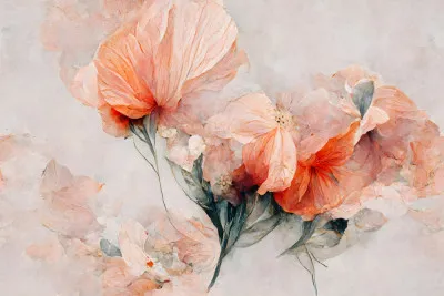 Horizontale aquarel illustratie van delicate roze en perzik bloemen in een zachte pastel kleurcombinatie