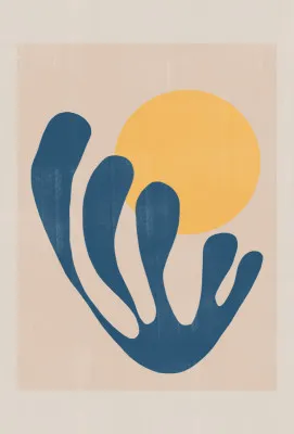 Verticale abstracte illustratie met geometrische vormen, blauw en geel, botanische en zon thema's