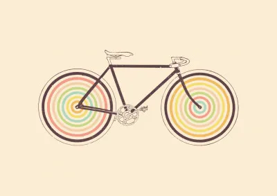 Abstracte kleurrijke illustratie van fietsen en geometrische vormen in horizontale compositie