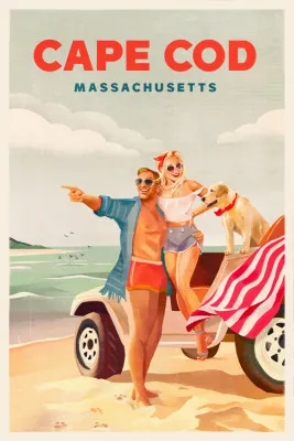 Verticale illustratie van Cape Cod zomerstrand met jeep, labrador en zandsporen op de kust
