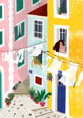 Verticale illustratie van een vrouw tegen een kleurrijke stadsgevel met ramen en deuren in zomerlicht