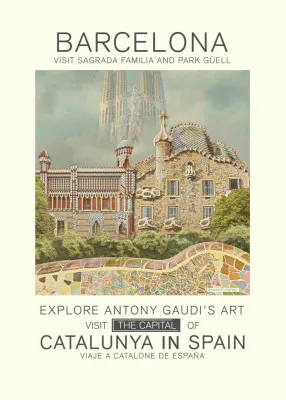 Verticale illustratie van Barcelona gebouwen met Gaudí architectuur en zonnige mediterrane sfeer