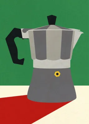Verticale illustratie van een espresso pot en keukenware in een zonnige buitenkeuken met groene tuin