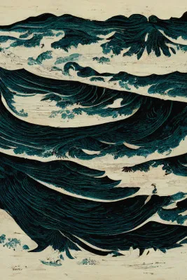 Verticale illustratie van turbulente blauwe golven in traditionele Japanse stijl met witte schuimkoppen