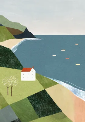 Illustratie van een huis op een klif aan de rustige Ierse kust met zee, strand en zachte natuurlijke kleuren