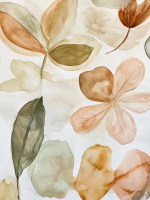 Verticale illustratie van zachte pastelblaadjes die in een buitenruimte lijken te bewegen in herfsttinten