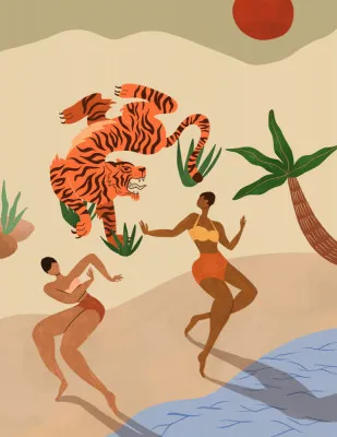 Illustratie van een dansende tijger op een tropisch strand met palmbomen en zand