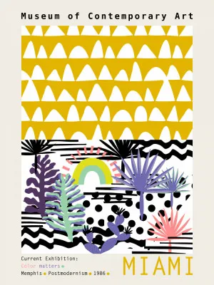 Verticale illustratie van Museum of Contemporary Art Miami in gele retro tinten met geometrische vormen en palmbomen