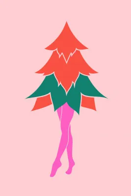 verticale kerstillustratie van een buiten tafereel met diverse kleuren en winterse sfeer