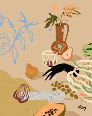 Verticale abstracte illustratie van een stilleven met peer, handen en botanische elementen in diverse kleuren
