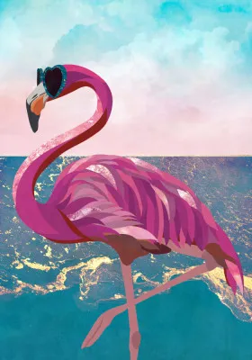 Verticale kleurrijke illustratie van flamingo met zonnebril op tropisch strand met blauw en roze tinten
