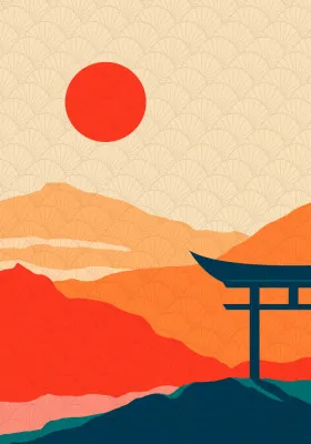 Verticale illustratie van een Aziatische tempel en koi vissen in zonsondergang met aquarel en olieverf